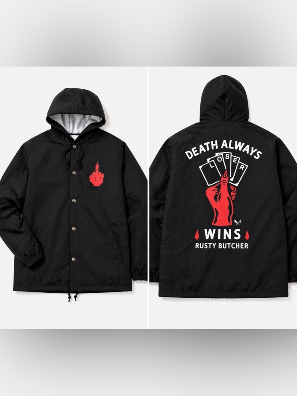 Rusty Butcher Death Always Wins Jacket Black Nylon Graphic Coach Jacket Mens L